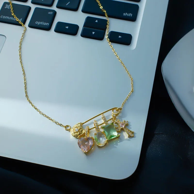 Sparkling Diamond Cross Pin Necklace For Women Unique Temperament Heart Pink Diamond Candy Color Silver-Plated Copper Choker