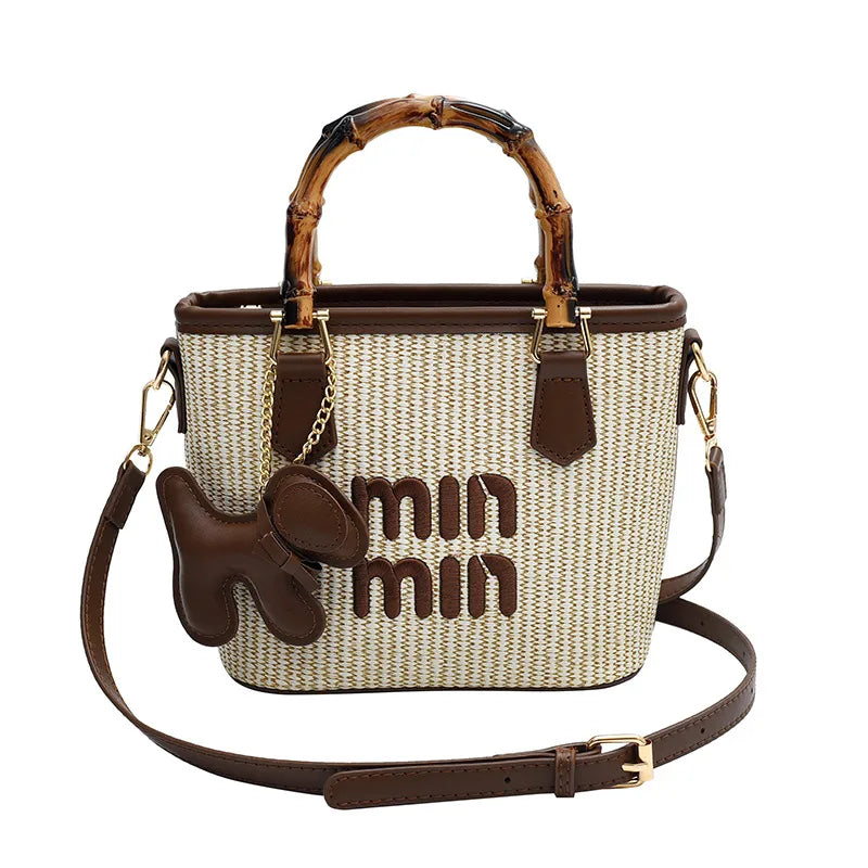 Spring Fashion Color Block Grass Woven Bamboo Node Bucket Bag Women's Crossbody Shoulder Bag Handbag Vegetable Basket Style