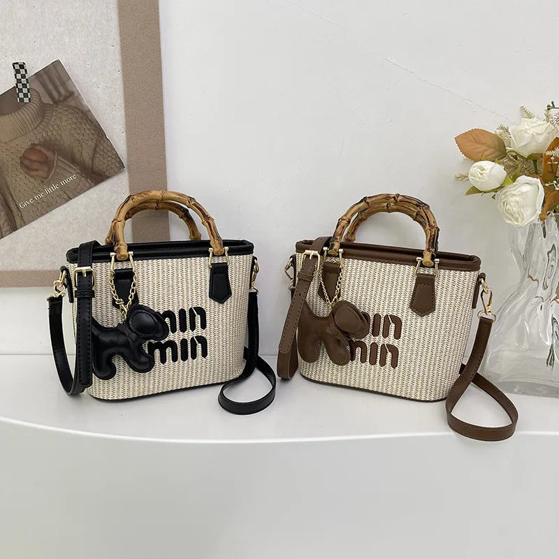 Spring Fashion Color Block Grass Woven Bamboo Node Bucket Bag Women's Crossbody Shoulder Bag Handbag Vegetable Basket Style