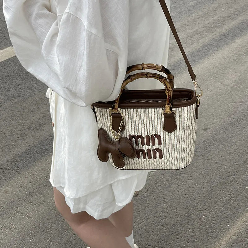 Spring Fashion Color Block Grass Woven Bamboo Node Bucket Bag Women's Crossbody Shoulder Bag Handbag Vegetable Basket Style