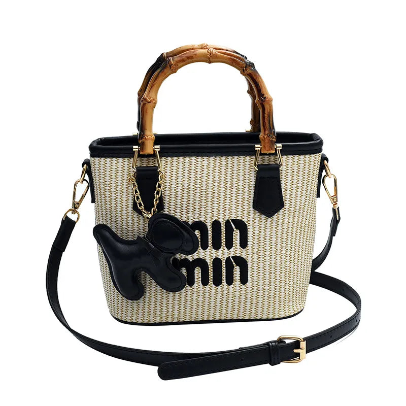 Spring Fashion Color Block Grass Woven Bamboo Node Bucket Bag Women's Crossbody Shoulder Bag Handbag Vegetable Basket Style
