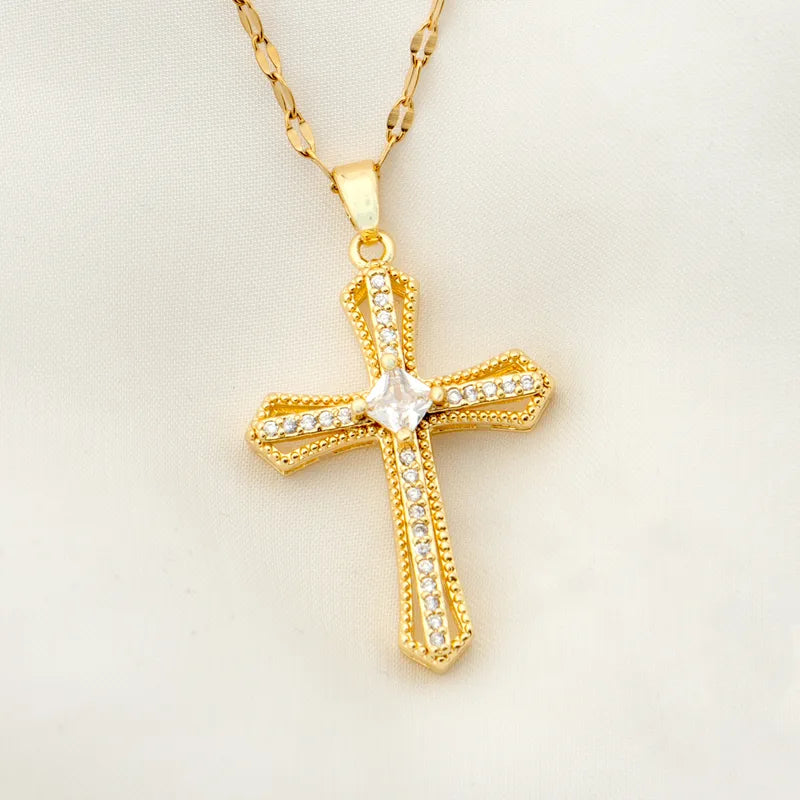 Stainless Steel 18K Gold Plated Vintage Style Plating Inlay Geometric Cross Rhinestones Pearl Zircon Pendant Necklace