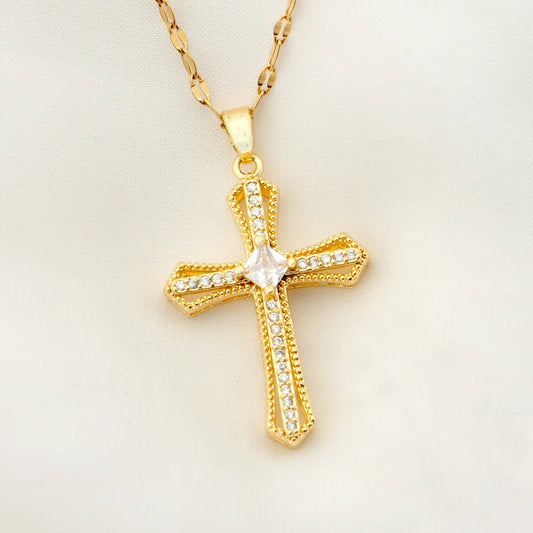 Stainless Steel 18K Gold Plated Vintage Style Plating Inlay Geometric Cross Rhinestones Pearl Zircon Pendant Necklace