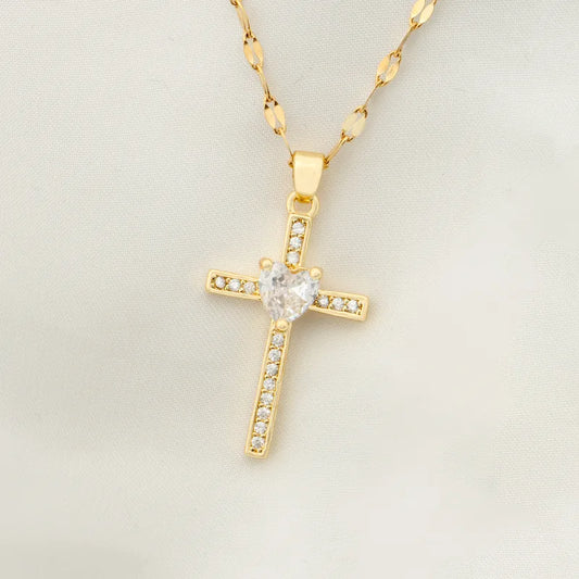 Stainless Steel 18K Gold Plated Vintage Style Plating Inlay Geometric Cross Rhinestones Pearl Zircon Pendant Necklace
