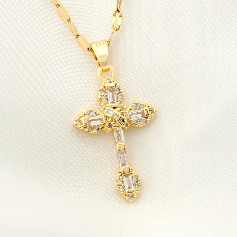 Stainless Steel 18K Gold Plated Vintage Style Plating Inlay Geometric Cross Rhinestones Pearl Zircon Pendant Necklace
