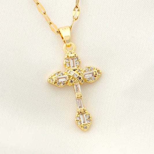 Stainless Steel 18K Gold Plated Vintage Style Plating Inlay Geometric Cross Rhinestones Pearl Zircon Pendant Necklace