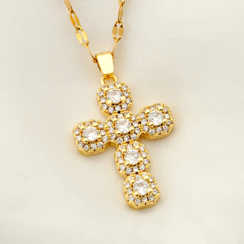 Stainless Steel 18K Gold Plated Vintage Style Plating Inlay Geometric Cross Rhinestones Pearl Zircon Pendant Necklace