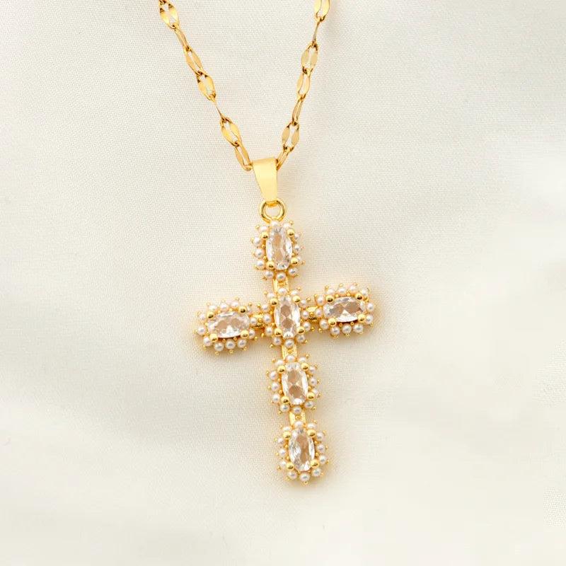 Stainless Steel 18K Gold Plated Vintage Style Plating Inlay Geometric Cross Rhinestones Pearl Zircon Pendant Necklace