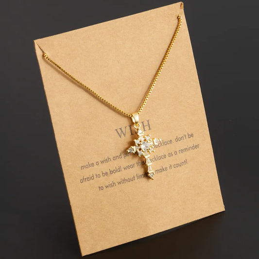 Stainless Steel 18K Gold Plated Vintage Style Plating Inlay Geometric Cross Rhinestones Pearl Zircon Pendant Necklace