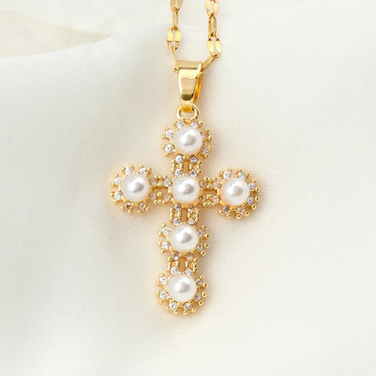 Stainless Steel 18K Gold Plated Vintage Style Plating Inlay Geometric Cross Rhinestones Pearl Zircon Pendant Necklace