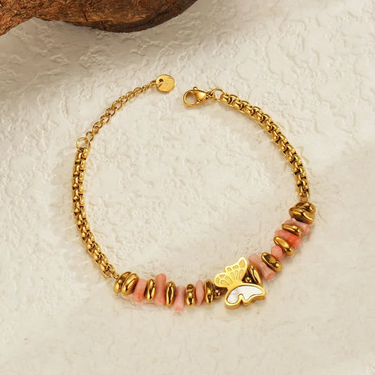 Stainless Steel Butterfly Dolphin Natural Stone Bracelet For Women Personalized 18K Gold Plated Pink Jewelry Accessory
