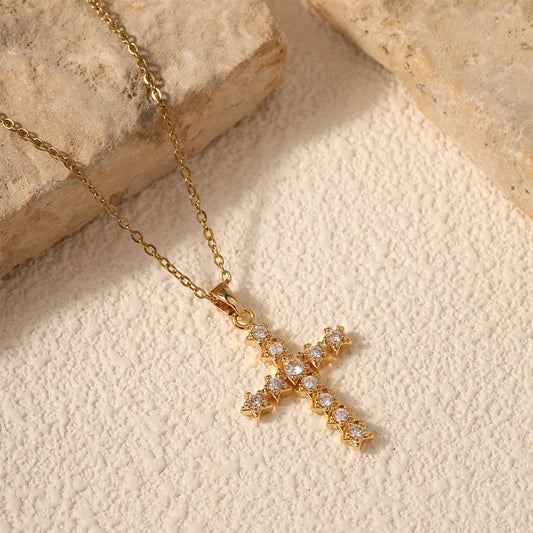 Stainless Steel Cross Necklace With Micro-Set Zircon Copper Inlay 40+5cm Adjustable Chain Fashion Jewelry Accessory