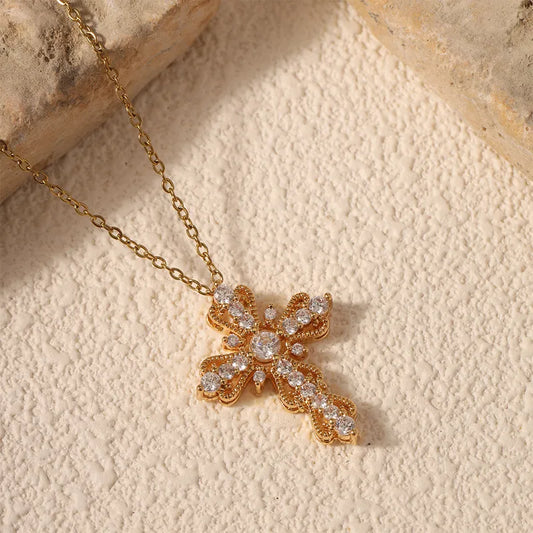 Stainless Steel Cross Necklace With Micro-Set Zircon Copper Inlay 40+5cm Adjustable Chain Fashion Jewelry Accessory