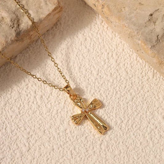 Stainless Steel Cross Necklace With Micro-Set Zircon Copper Inlay 40+5cm Adjustable Chain Fashion Jewelry Accessory