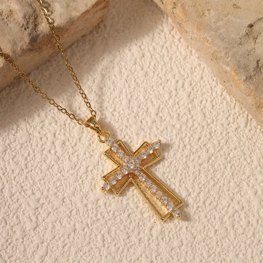 Stainless Steel Cross Necklace With Micro-Set Zircon Copper Inlay 40+5cm Adjustable Chain Fashion Jewelry Accessory