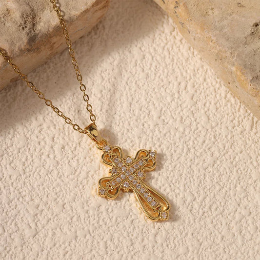 Stainless Steel Cross Necklace With Micro-Set Zircon Copper Inlay 40+5cm Adjustable Chain Fashion Jewelry Accessory
