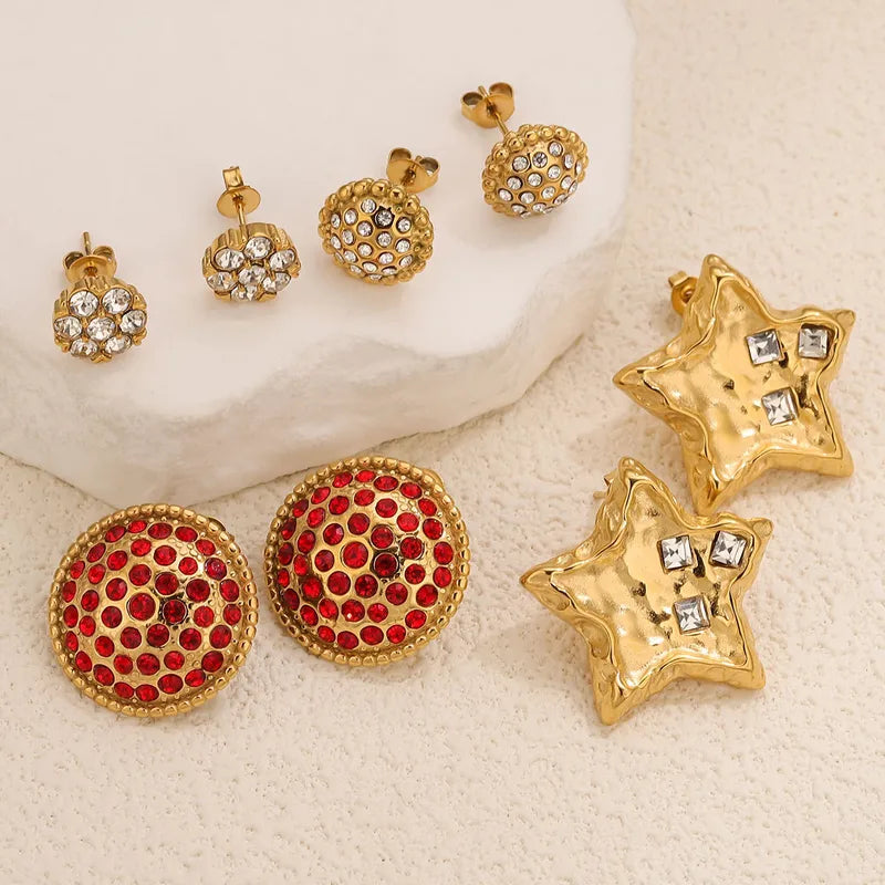 Stainless Steel Diamond Embedded Star Earrings Women's Fashion Retro Geometric Design Style Hoop Earrings