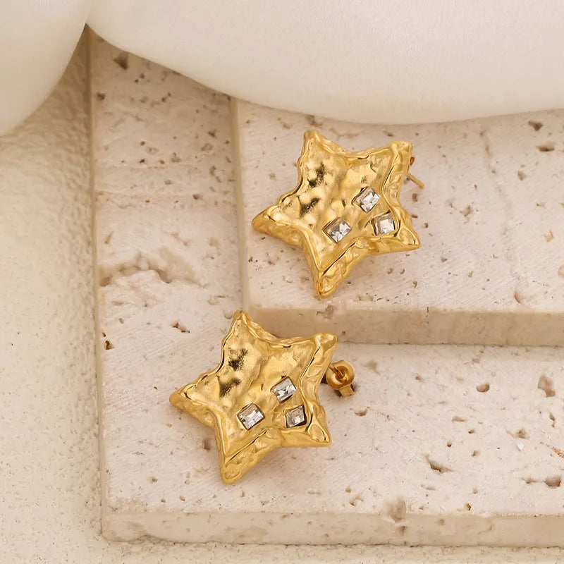 Stainless Steel Diamond Embedded Star Earrings Women's Fashion Retro Geometric Design Style Hoop Earrings