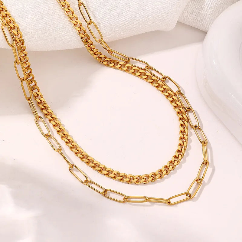 Stainless Steel Double Layer Necklace Women's Fashionable Versatile Geometric Pattern Jewelry Stackable Elegant Choker Chain