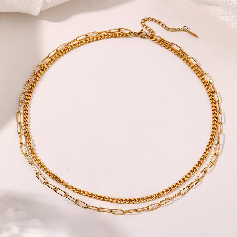 Stainless Steel Double Layer Necklace Women's Fashionable Versatile Geometric Pattern Jewelry Stackable Elegant Choker Chain