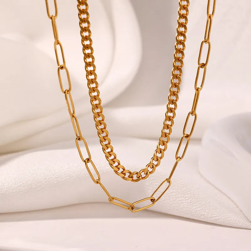 Stainless Steel Double Layer Necklace Women's Fashionable Versatile Geometric Pattern Jewelry Stackable Elegant Choker Chain