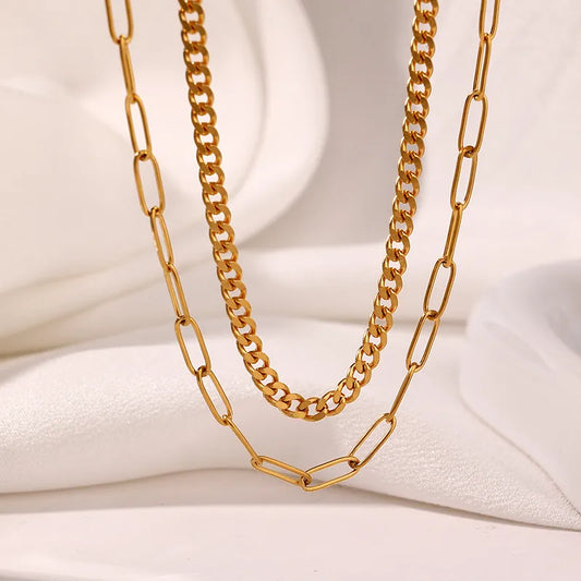 Stainless Steel Double Layer Necklace Women's Fashionable Versatile Geometric Pattern Jewelry Stackable Elegant Choker Chain