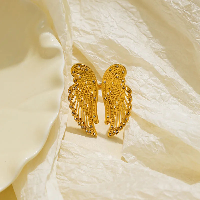 Stainless Steel Electroplated Wing Ring With Diamond Points Unisex Casual Modern Style Jewelry Accessory For All Seasons