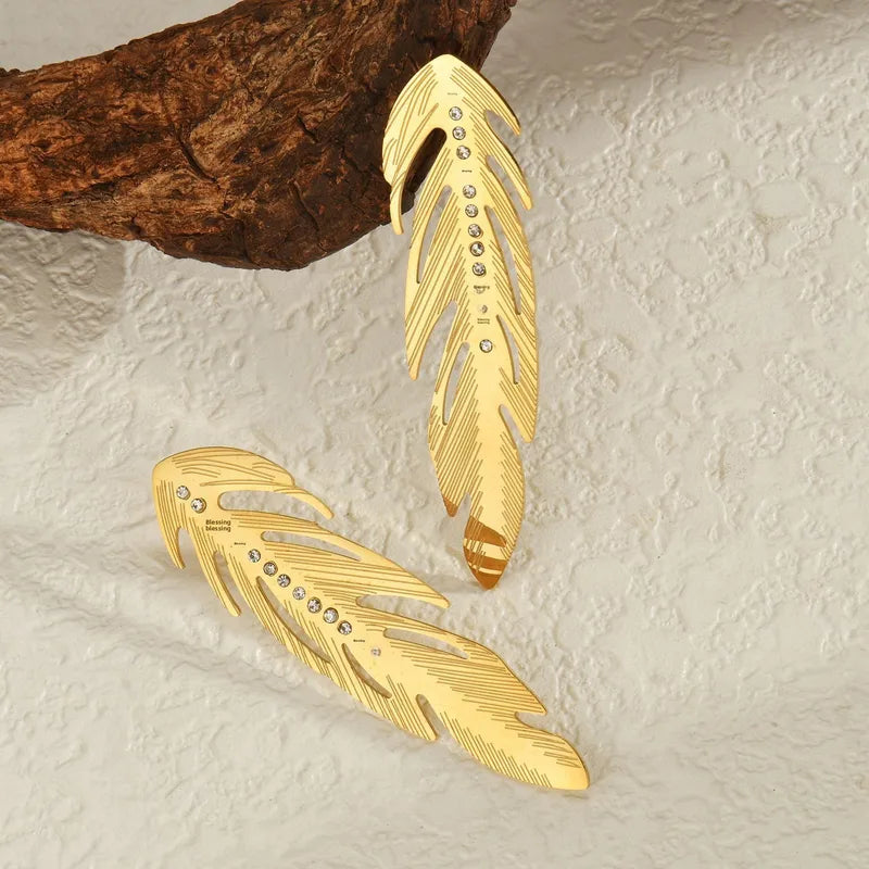 Stainless Steel Feather Inlaid Diamond Earrings Ladies Long Ear Studs Jewelry Accessories
