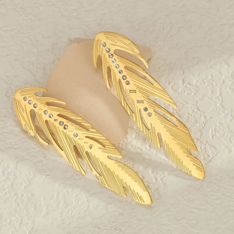 Stainless Steel Feather Inlaid Diamond Earrings Ladies Long Ear Studs Jewelry Accessories