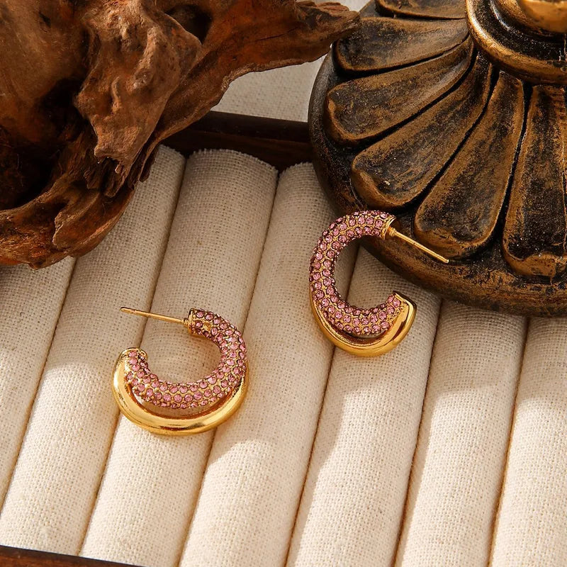 Stainless Steel Geometric C-Shaped Diamond Embedded Earrings Women's High-End Non-Fading Titanium Steel Jewelry Ear Decor