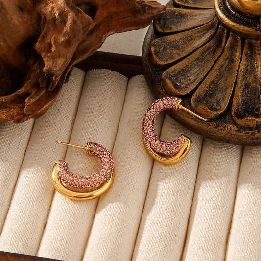 Stainless Steel Geometric C-Shaped Diamond Embedded Earrings Women's High-End Non-Fading Titanium Steel Jewelry Ear Decor