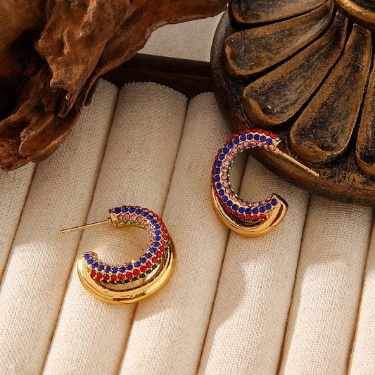 Stainless Steel Geometric C-Shaped Diamond Embedded Earrings Women's High-End Non-Fading Titanium Steel Jewelry Ear Decor