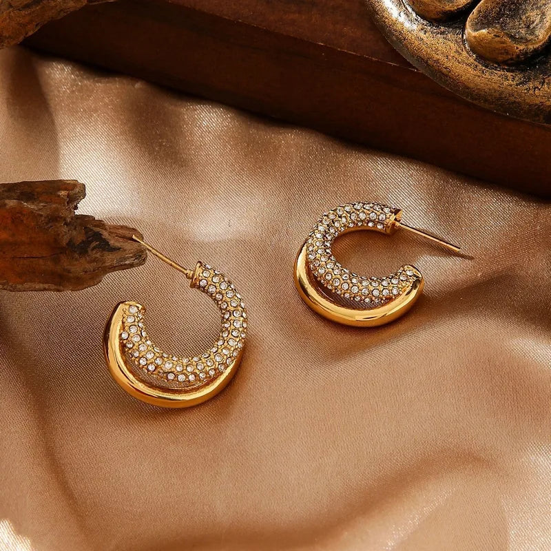 Stainless Steel Geometric C-Shaped Diamond Embedded Earrings Women's High-End Non-Fading Titanium Steel Jewelry Ear Decor