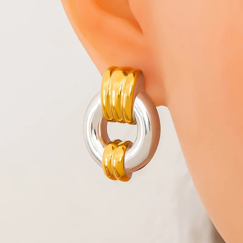 Stainless Steel Geometric Hoop Earrings Double Ring Fashion High-End Sensation Gold And Silver Color Block Metal Style Women's Jewelry