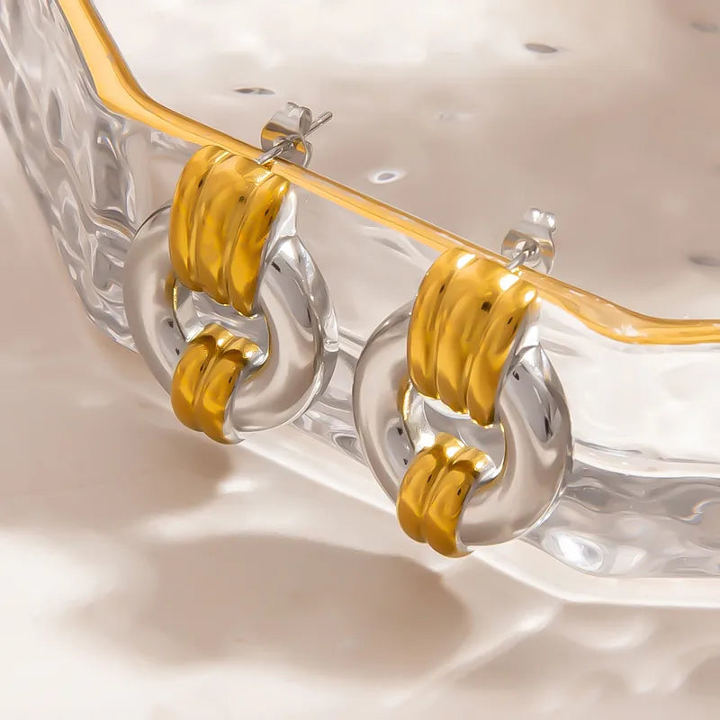 Stainless Steel Geometric Hoop Earrings Double Ring Fashion High-End Sensation Gold And Silver Color Block Metal Style Women's Jewelry