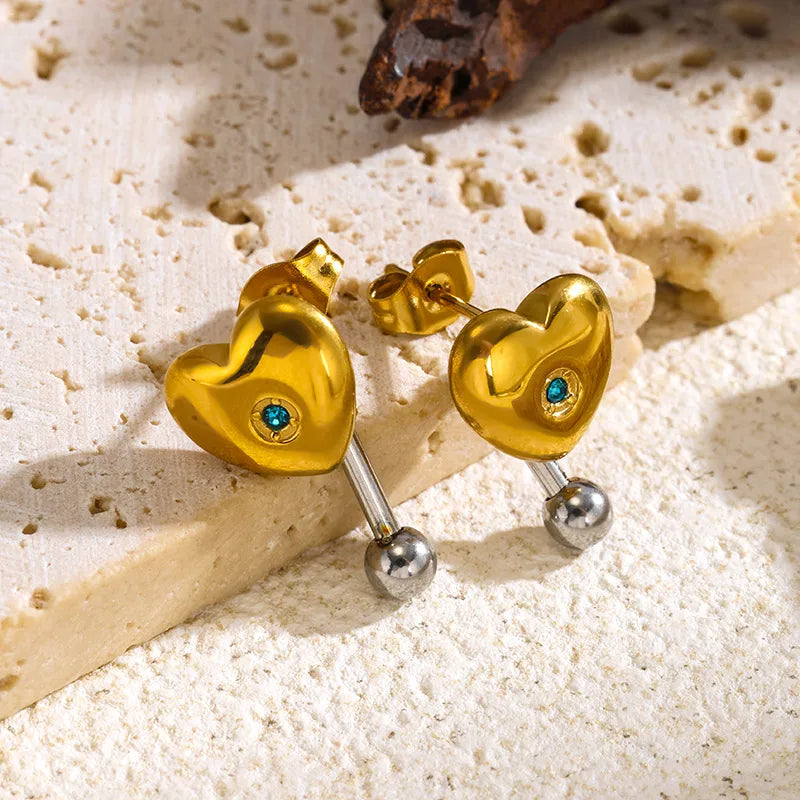 Stainless Steel Heart Shaped Diamond Embedded Earrings Women's Fashion Versatile Gold And Silver Mixed Color Design Ear Jewelry