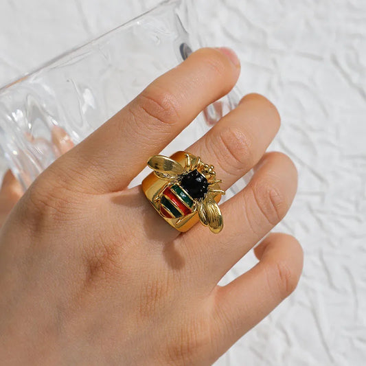 Stainless Steel Plated Bee Ring Fashionable Casual Elegant Gold And Steel Color Unisex Size Adjustable Open Ring For All Seasons