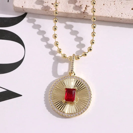 Style Hip Hop Geometric Necklace Versatile Round Pendant Micro Paved Zircon Coin Casual Travel Party All Match Gold Plated Copper Chain Lobster Clasp
