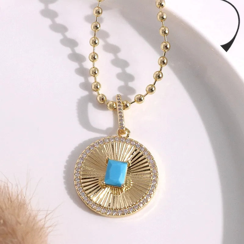 Style Hip Hop Geometric Necklace Versatile Round Pendant Micro Paved Zircon Coin Casual Travel Party All Match Gold Plated Copper Chain Lobster Clasp