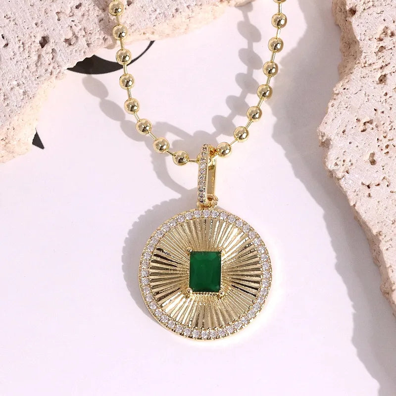 Style Hip Hop Geometric Necklace Versatile Round Pendant Micro Paved Zircon Coin Casual Travel Party All Match Gold Plated Copper Chain Lobster Clasp