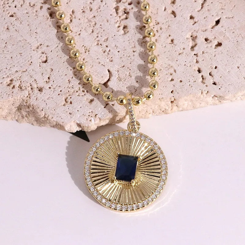 Style Hip Hop Geometric Necklace Versatile Round Pendant Micro Paved Zircon Coin Casual Travel Party All Match Gold Plated Copper Chain Lobster Clasp