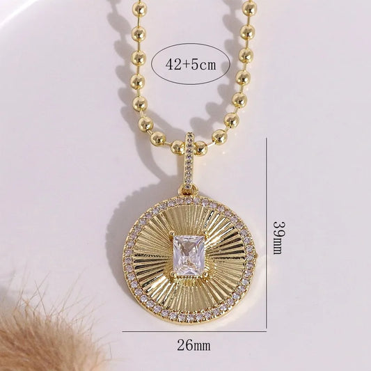 Style Hip Hop Geometric Necklace Versatile Round Pendant Micro Paved Zircon Coin Casual Travel Party All Match Gold Plated Copper Chain Lobster Clasp