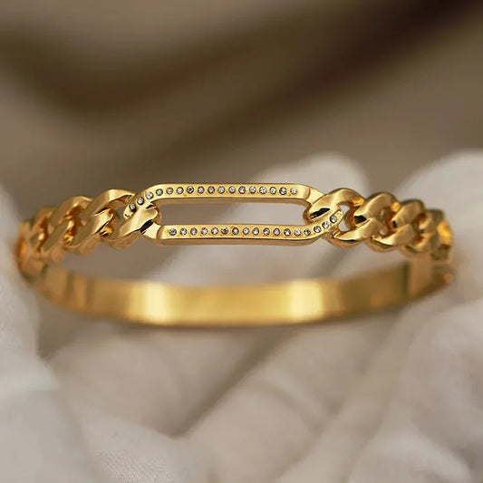 Style Long Rectangle Hollow Out Bracelet Gold Plated Stainless Steel 18K Titanium Steel Women's Ring