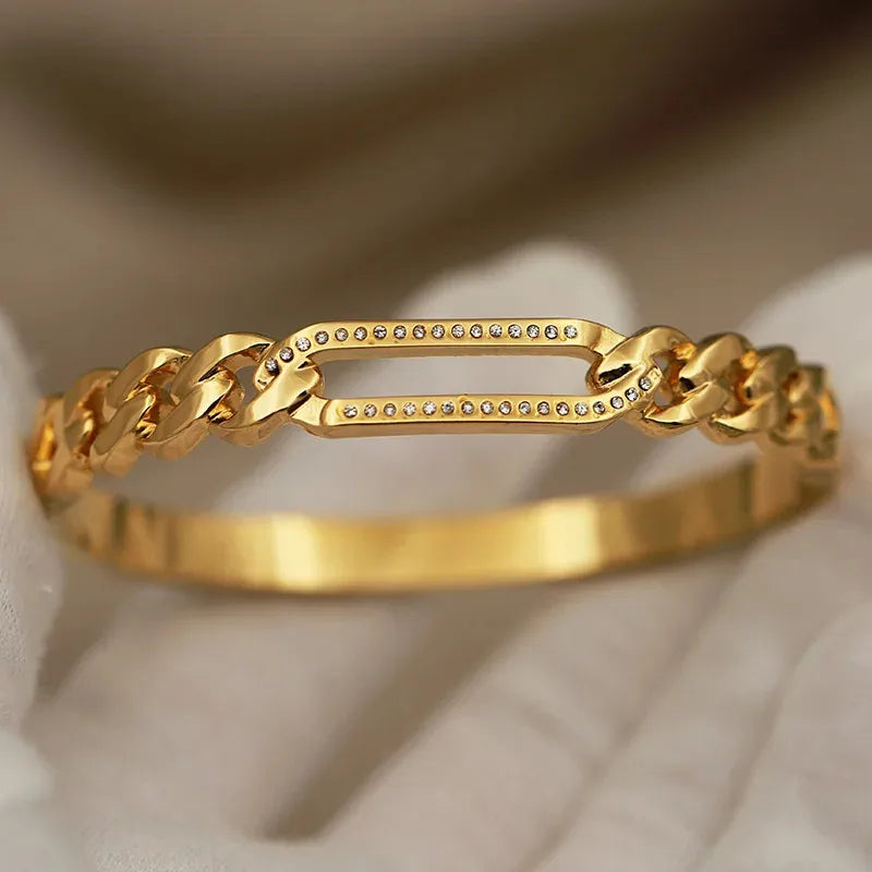 Style Long Rectangle Hollow Out Bracelet Gold Plated Stainless Steel 18K Titanium Steel Women's Ring