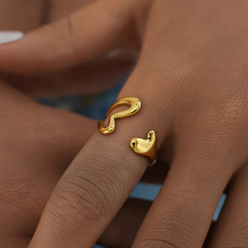 Summer Ladies' 18K Gold Plated Stainless Steel Double Heart Hollow Out Open Ring Adjustable Size Valentine's Day Gift
