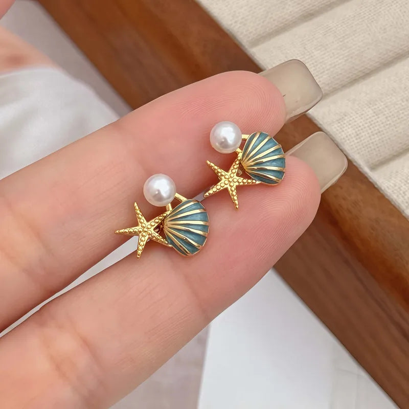 Summer Ocean Shell Starfish Copper CZ Acrylic Oil Drop Earrings Women's Daily Wear Elegant Simple Holiday Sweet Style Jewelry Accessories