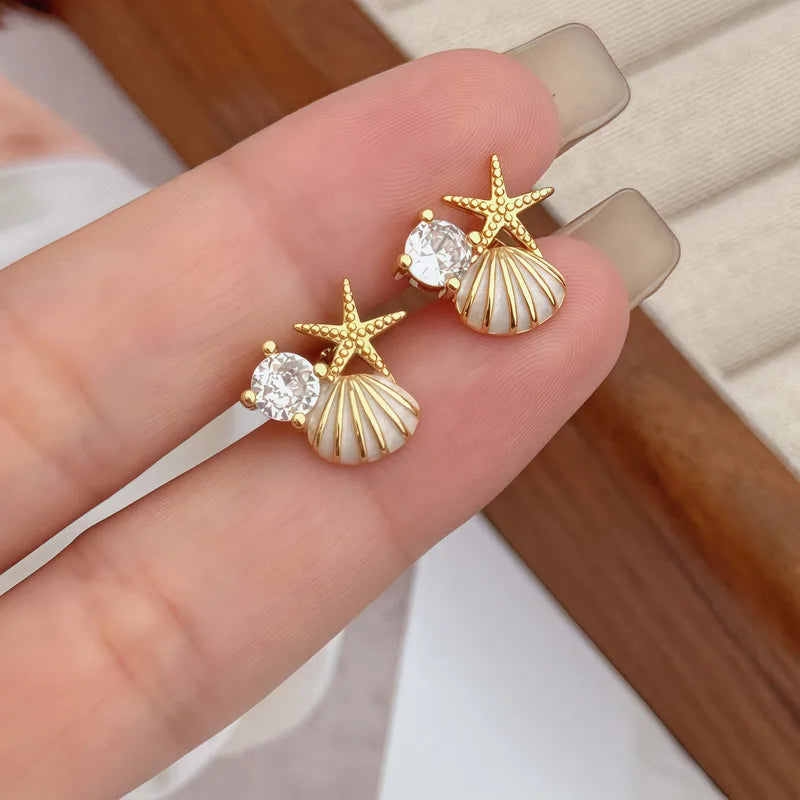 Summer Ocean Shell Starfish Copper CZ Acrylic Oil Drop Earrings Women's Daily Wear Elegant Simple Holiday Sweet Style Jewelry Accessories