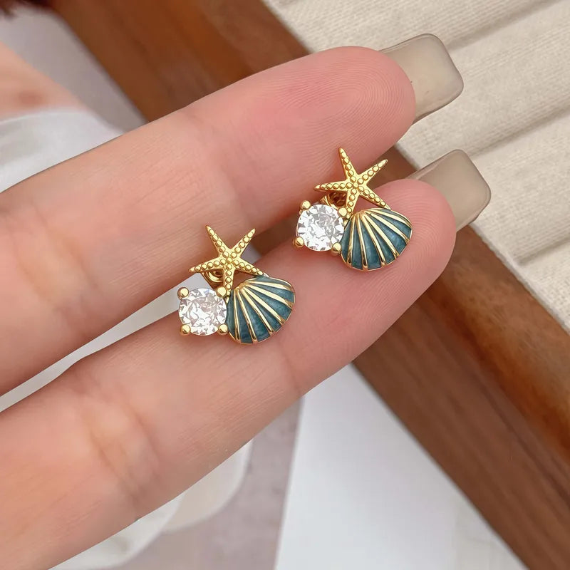Summer Ocean Shell Starfish Copper CZ Acrylic Oil Drop Earrings Women's Daily Wear Elegant Simple Holiday Sweet Style Jewelry Accessories