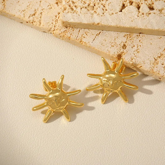 Sun Shaped Copper Plated Irregular Design Earrings Fashionable Vintage Style Women's Gold Tone Ear Jewelry For Casual Holiday And Festival