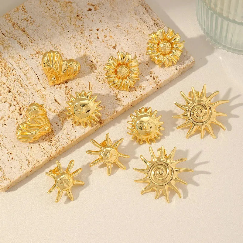 Sun Shaped Copper Plated Irregular Design Earrings Fashionable Vintage Style Women's Gold Tone Ear Jewelry For Casual Holiday And Festival